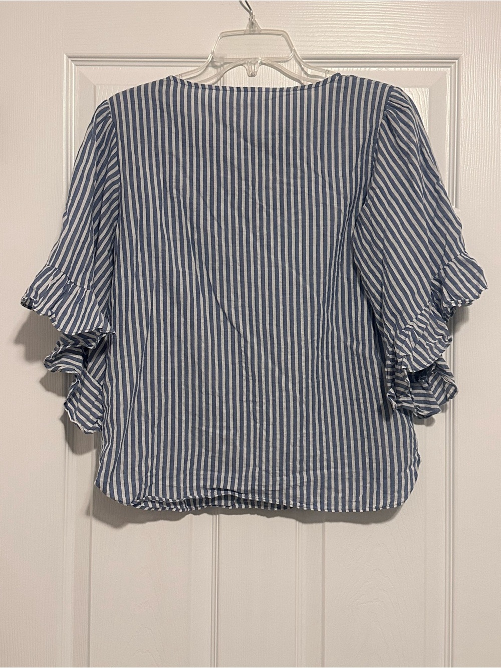 LC Lauren Conrad Blue & White Striped Ruffle Tie-Neck Blouse - Picture 4 of 6